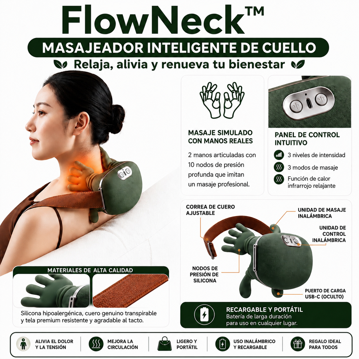 FlowNeck™ — El Masajeador que Relaja tu Cuello en 10 Minutos, sin Salir de Casa
