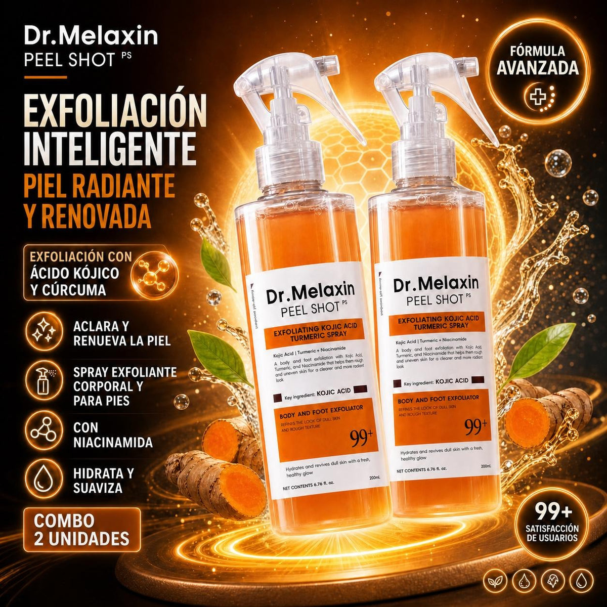 Dr.Melaxin™ PEEL SHOT SPRAY · ÁCIDO KÓJICO + CÚRCUMA · 200 ML