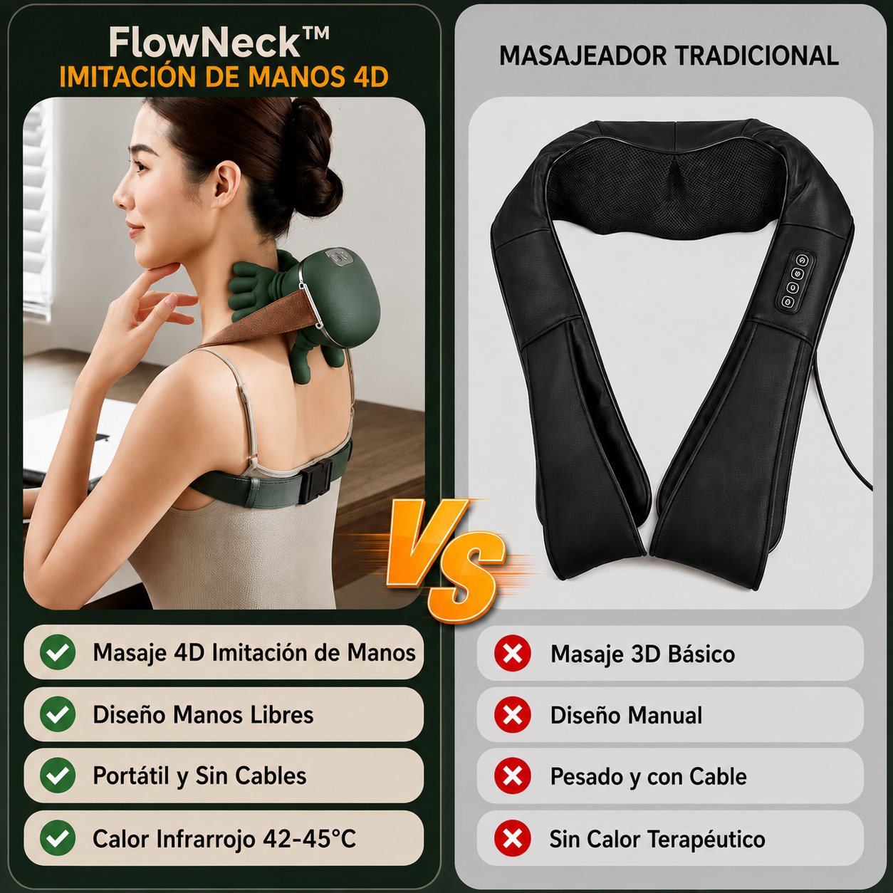 FlowNeck™ — El Masajeador que Relaja tu Cuello en 10 Minutos, sin Salir de Casa