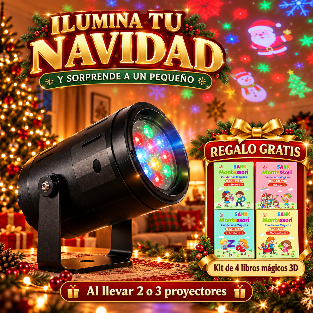 Proyector navideño con kit de 4 libros 3D gratis al llevar 2 o 3 proyectores. Ambientación ilustrativa.